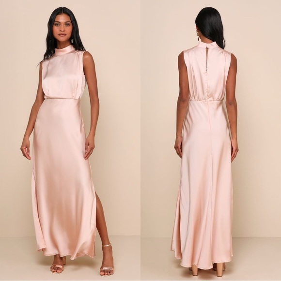 Lulus Dresses & Skirts - NWOT‎ Lulus Classic Elegance Blush Satin Sleeveless Mock Neck Maxi Dress